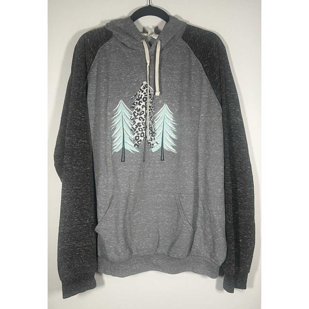Jerzees gray colorblock hoodie Pine Trees glitter graphic 2XL outdoor comfy